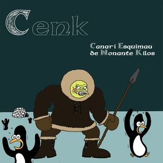 Couverture de l'e.p. "Canari Esquimau de Nonante Kilos". Un dessin représentant une banquise, avec des pingouins fuyant un canari musclé et avec une cicatrice sur le visage. Le canari revet des habits autochtones et a une lance à la main. On s'excuse d'ailleurs, nous étions jeunes à l'époque et ne savions pas que le terme "esquimau" pouvait être péjoratif.